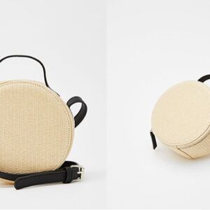 Chic Round Straw Crossbody Bag with Black Strap